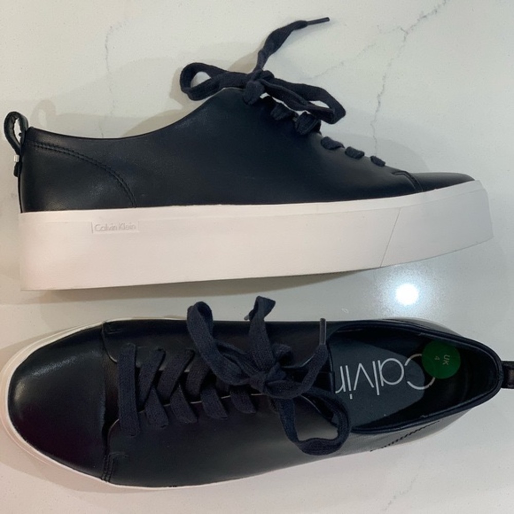Calvin Klein Chunky Platform Leather Sneakers, Navy Blue/White, Women’s (US 7)